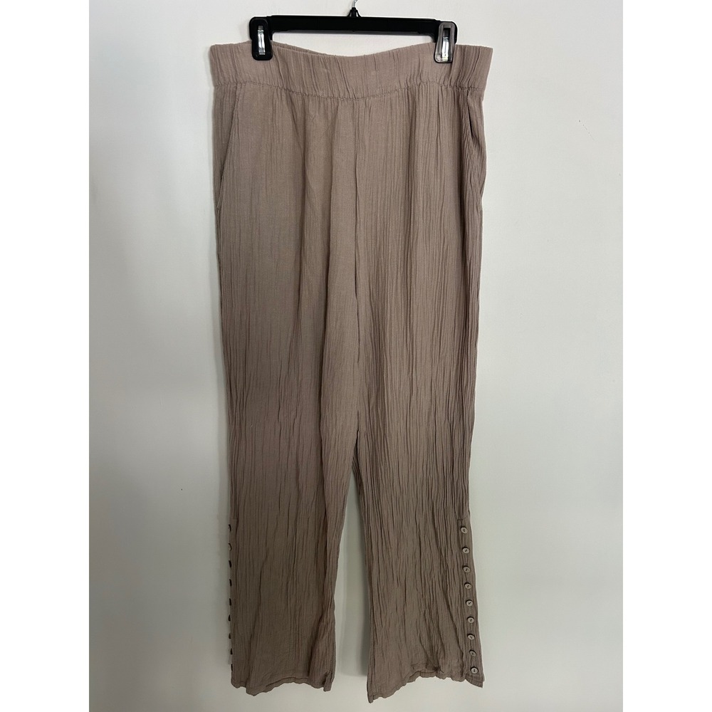 Soft Surroundings Womens XL Taupe Crinkle Gauze Wide Leg Button Hem Pants